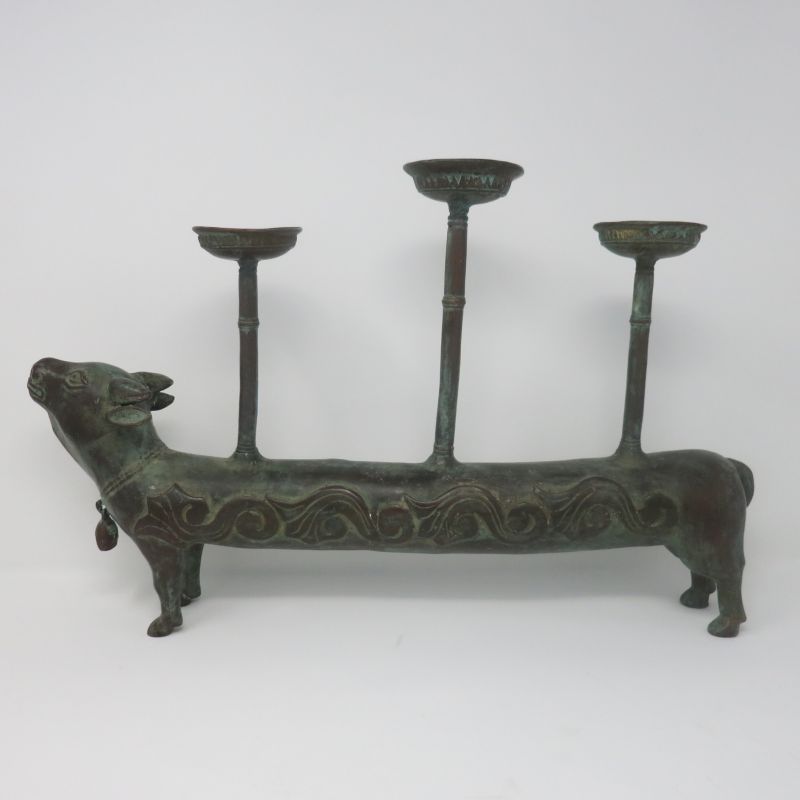 STATUE ANTIQUE BRONZE COW 3 CANDLES - STATUES